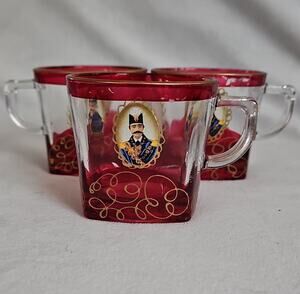 Vintage Persian Qajar Tea Mugs Set of 3 Naser al-Din Shah Glass Ruby Red Gold